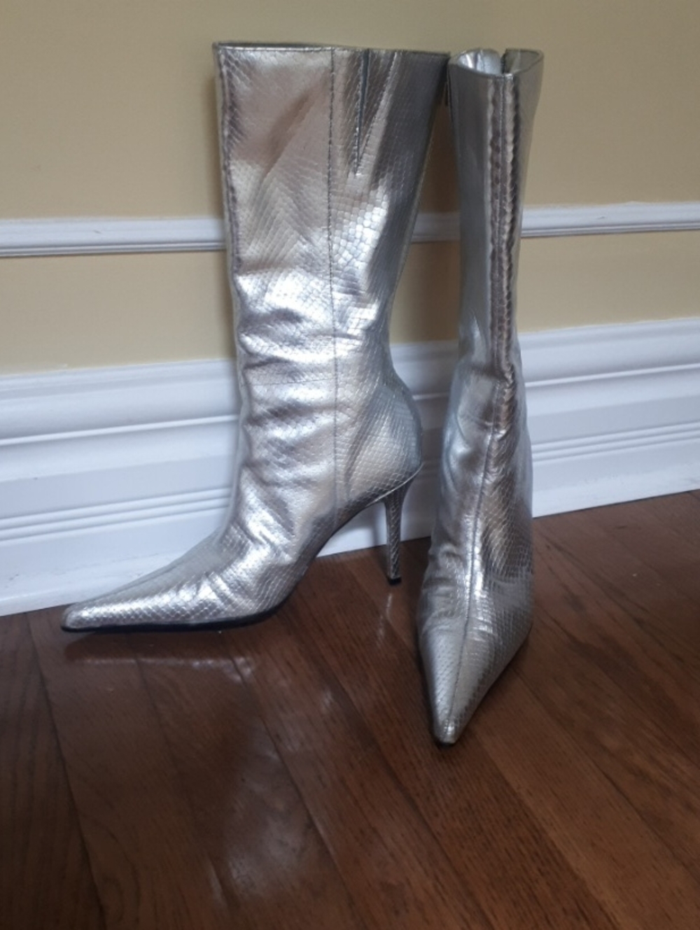 Aldo Silver Leather Pointed-Toe Mid-Calf Stiletto Boots